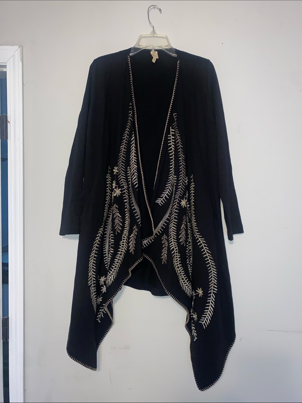 XCVI Black Open-Front Cardigan with Cream Embroidery
